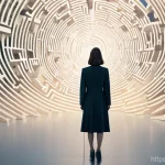 Home 20 전문용어 단순화의 시행착오 사례 - **Image Prompt 1: The Labyrinth of Oversimplification**
A lone woman in her early 30s, dressed i...