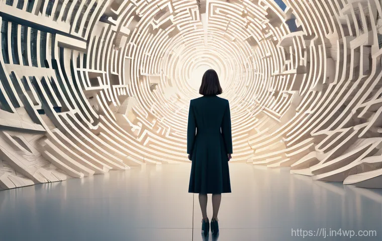전문용어 단순화의 시행착오 사례 - **Image Prompt 1: The Labyrinth of Oversimplification**
    A lone woman in her early 30s, dressed i...
