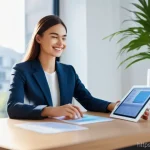 Home 19 전문용어 단순화의 트렌드 분석 - **Image Prompt 1: AI-Powered Financial Clarity**
A professional-looking young woman, dressed in ...