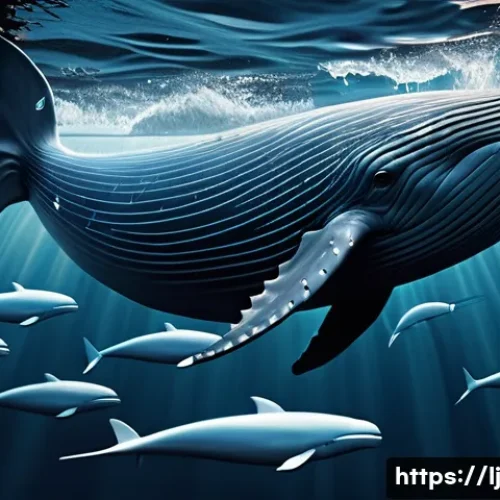 Home 30 전문용어 사용 시 유의사항 - A powerful, stylized blue whale figure, emitting subtle, glowing lines of energy, strategically navi...