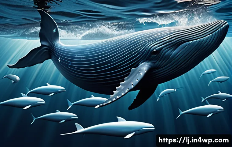전문용어 사용 시 유의사항 - A powerful, stylized blue whale figure, emitting subtle, glowing lines of energy, strategically navi...