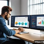 Home 16 전문용어 단순화를 위한 디지털 콘텐츠 개발 - A modern, clean digital workspace showing a content creator designing user-friendly explanations for...