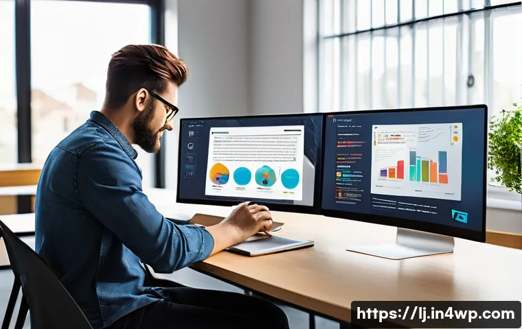 전문용어 단순화를 위한 디지털 콘텐츠 개발 - A modern, clean digital workspace showing a content creator designing user-friendly explanations for...