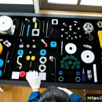 Home 23 전문용어 단순화의 핵심 요소 정리 - Photorealistic overhead view of a collaborative workshop table, diverse professionals arranging comp...