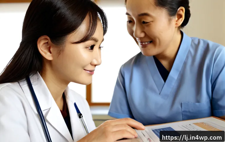 Home 17 전문용어 단순화의 필요성 - Photorealistic close-up of a friendly healthcare professional calmly explaining a simple visual diag...